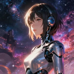 makoto shinkai. robotic android girl. futuristic cyberpunk. dystopia. vibrant nebula sky................................................................................................................. arm.