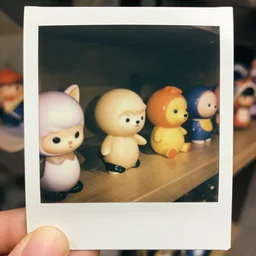 row of toys at kb toys taken from a shrunken down pov. close up on one toy in focus. polaroid - h 6 4 0