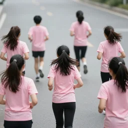 group of woman running with pink t-shirts view from behind, cinematic, 50mm, by noah bradley