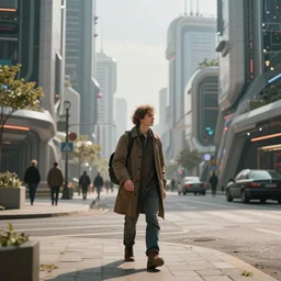 Slavic citizen walking on a street of a future city, art book, 4k, Octane renderer, hyperrealistic, Flickr, by Maciej Kuciara