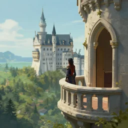 matte painting of a figure standing on the balcony of a fantasy castle overlooking a beautiful landscape