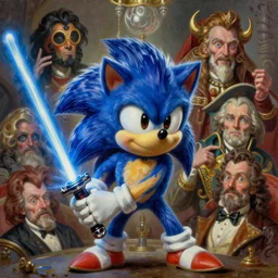 highly detailed oil painting | very intricate | cinematic lighting | award - winning | sonic the hedgehog!!!!! with a light saber | by roberto ferri, by tom bagshaw, by j. c. leyendecker and artgerm, american romanticism, by austin osman spare, artstation, cgsociety, official art, octane