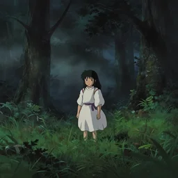 a still frame from the princess mononoke film, in the woods at night, overgrown grass, dramatic, gloomy, volumetric light, ground mist, cinematic, filmic