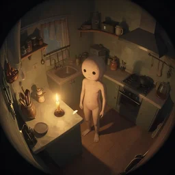 cute solitary kitchen dim lit by a candle ripped physique simon stalenhag gerald brom bastien grivet by greg rutkowski, game background fisheye lens, low angle, day of the tentacle, bird's-eye view