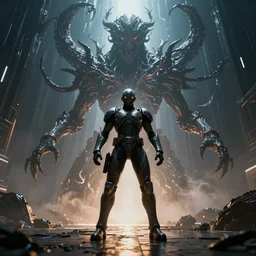 dark futuristic time warrior confronts eldritch horror, male figure, proportional figure, symmetrical, 3 d render, cinematic, color grading, dramatic, ultra - wide angle, 3 2 k, ultra - hd, super - resolution, flare, cinematic lighting, volumetric light, ray tracing reflections, super detailed, unreal engine 5, super detailed, hyperrealistic, photorealistic