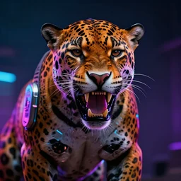 portrait of a neon cyberpunk cyborg jaguar animal snarling, octane render