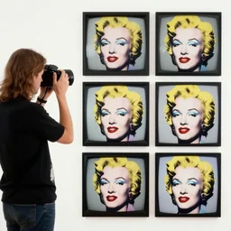person, woman, man, camera, t. v., five panels, andy warhol,