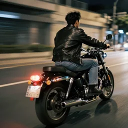 A young man in a leather jacket riding a motorcycle down the city street at night. His tail lights trail behind him. Highly stylized. Strong sense of motion and speed.