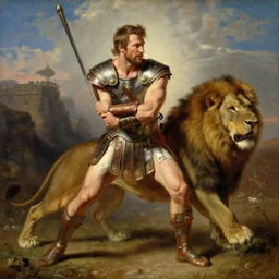 handsome gladiator chris evans wrestling a lion, painting by gaston bussiere, craig mullins, j. c. leyendecker