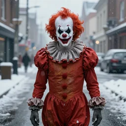 scary clown stands in the street in winter, high quality, digital art, 8K, HD, photorealistic, realistic,