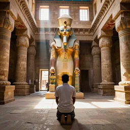 the man knelt before the colossal statue at the back of the brightly colored great temple of amunabi. sunbeams streamed in through large windows near the ceiling. the room was vast and filled with very ornate structures. shadows and limestone on the floor, bright ancient colors