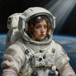 painting, the embodiment of fragility, light beams, above earth, cinematic lighting, outer space, eva suit, sad, medium close up, extremely detailed, sharp focus, by jordan grimmer and artgerm and greg rutkowski and alphonse mucha and maya takamura and bouguereau, [ [ [ wlop ] ] ], intricate, beautiful, trending on artstation