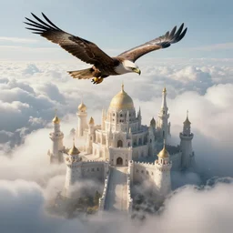 an eagle fly through a cloud world, cloud palace, cloud castles, artstation