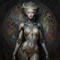 extremely psychedelic cyborg queen of lsd. intricate, elegant, highly detailed, extremely lifelike photorealistic digital painting, artstation. steichen, gaston bussiere, tom bagshaw, cyberpunk alphonse mucha. dark pallet, melancholy. anatomically correct in every way.