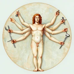 illustration of a young man with six arms and 1 2 hands, da vinci vitruvian man, holding tools