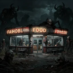 the abandoned fast food restaurant of the dead crowded by demons, darkness, no light, hopeless, hell, artstation