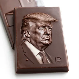 opened dark chocolate bar with a line engraving portrait of trump