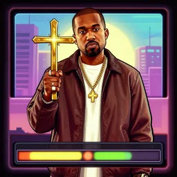 illustration gta 5 artwork of holy saint kanye west, golden cross, in the style of gta 5 loading screen, by stephen bliss