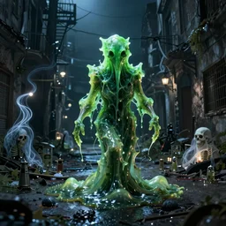 a being of green ghostly viscous slime ooze making its way through abandoned midnight streets, skeletal ghosts, wisp lights, rhads,