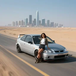 photograph of a techwear woman leaning against a cell-shaded Honda EK9 Type-R, on a desert road with a futuristic city in the horizon, one point perspective, long exposure, 1-point perspective, tilt shift, sigma 85mm f/1.4, 4k, depth of field, high resolution, 4k, 8k, hd, full color, octane render
