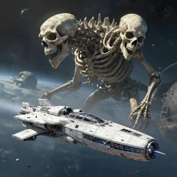a spaceship and the skeleton of a colossal creature on a planet, in the style of wlop and greg rutkowski, illustration, epic, sci - fi, hyper detailed, smooth, unreal engine 5, sharp focus, ray tracing