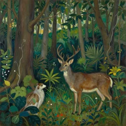 a forest with fauna and flora, painting by leonora carrington