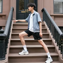 fashion sketch of an asian teenager doing a warm up on a brownstone stoop.