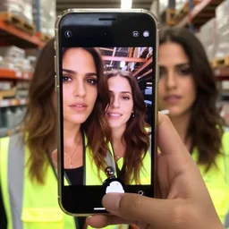 photo, close up, salma hayek emma watson in a hi vis vest, in warehouse, android cameraphone, snapchat story screenshot, 2 6 mm,