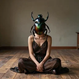 woman with beetle for a head sitting in bare empty room wood floors