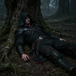 the demon hunter lies and dies under a tree, wondering why he even did this. He could accept the death of his parents and live a normal life, but he chose to become a member of the demon hunters organization and now he is dying here from massive bleeding, 4k, artstation, grimdark, despair
