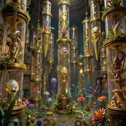 rustic yet enormous SCP (Secure, Contain, Protect) agency interior with infinite rows of giant iridescent alien artifacts suspended in cylindrical containers made of gold and quartz by Mark Keathley and Iblard Jikan, with vivid palette by James Gurney, overgrown with alien plants and flowers, inspired by Control the game, mysterious, eeriewave, hyperdetailed, dramatic camera angle with focus on infinity, octane render 8k, 4k, HDR, rtx on