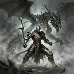 dark souls paladin fighting a dragon concept art artwork by masanori warugai, glitch art, medieval, magic, intricate detailed 4 k, soft light, volumetric fog, soft glow, eerie, dark