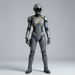 a fullbody portrait of a worker gal : : in a grey latex mechsuit with bland yellow accents, long sleeves, turtleneck, robotic parts, sci - fi masked helmet : : cosplay, photgraphy, studio photography, real lighting, realistic, hd : :