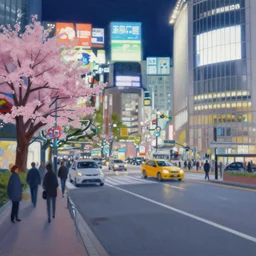 an edward hopper style painting of a busy road in tokyo shibuya, spring, night