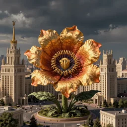 colossal Beelzebub flower in the middle of post soviet constructivist cityscape, Stalinist architecture, brutalist architecture, ultradetailed, Intricate by Hayao Miyazaki and Josan Gonzalez and H.R. Giger