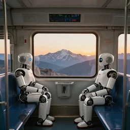 robots sitting inside the train, mountain on background, photography, beatiful sun set