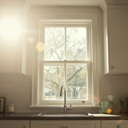 photo of interior design house, super detail of a white window in a kitchen, close up, view from bottom, sunday morning, sun, bokeh, lens flare hit camera, yellow light, diffuse light, instagram trending picture, instagram filter, smoky, foggy, vintage photography, grainy