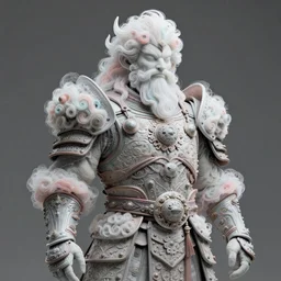 a majestic soman wearing an intricate and detailed armor made of candy floss. layers. textures. delicate. elaborate. studio portrait. photorealistic. octane render
