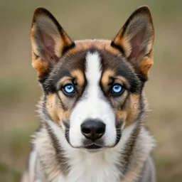a puppy portrait, husky, german shepherd, pit bull mix, blue eyes, caramel brown ears, symmetrical, vertical broad white stripe on face, realistic, cute, beautiful, detailed, artstation
