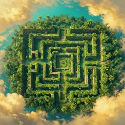 post - minimalism portrait of a jungle ruin labyrinth bird's eye view, golden clouds, vibrant turquoise color scheme, highly detailed, in the style of romanticism, cinematic, artstation, moebius, greg rutkowski