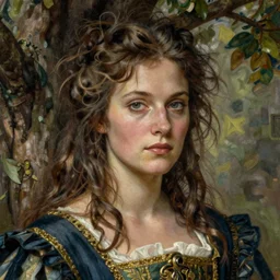 medium shot of a swedish!! beautiful attractive woman, hard face, messy hair, intricate face, wearing 1 7 th century clothes, under the tree, matte painting, sargent, leyendecker, close - up shot asymmetrical intricate elegant matte painting, sharp focus, by greg rutkowski
