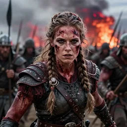 Ultrawide realistic photo of a bloody fierce viking woman, leading a battle, battle-scarred mind-blowing details, highly detailed face, ethereal, ominous, scarred, highly detailed, viking attire, cinematic, 16k, 1080s,  smooth, sharp focus, by Greg Rutkowski, trending on DeviantArt, trending on ArtStation, full of color, digital art, Vibrant colors, Smooth gradients, High contrast, depth of field, shot on Canon Camera