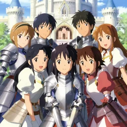 close - up princesses posing together in armor at castle. by takashi takeuchi, yoshiyuki sadamoto, amagaitaro, makoto shinkai, krenz cushart, asao urata, pixiv