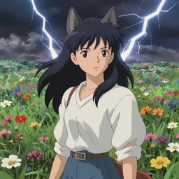 A high fantasy wolf girl standing in the middle of the field of flowers, by Hayao Mizaki and Ilya Kuvshinov, face close up, official media, beautiful, detailed, high quality, wallpaper 4K, epic, trending on artstation and behance, dynamic lightning