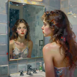 a beautiful painting by patrick bremer of a girl portrait in front of a mirror in a glitched bathroom, pixel sorting, color bleeding, brushstrokes by jeremy mann