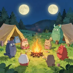 lab to create cute monsters and creatures having a bonfire and feast under moonlight in a campsite, natural lighting, playful color scheme, intricate details, matte painting, illustration, by hayao miyazaki