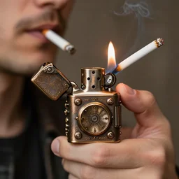 a steampunk lighter, product photo, man lighting a cigarette, burnished bronze, flame