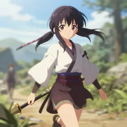 isekai cute anime girl samurai ronin vagabond ( aesthetic ). on a trail. in the style of gravity rush. beautiful lineart, depth focus, rankings pixiv, artstation, chromatic aberration, soft lighting, srgb, 4 k artstation, hdr, cinematic, motion blur, marmoset, blender 3 d, by sam yang
