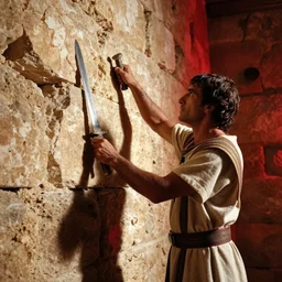 award winning cinematic still of 40 year old Mediterranean skinned man in Ancient Canaanite clothing fixing a ruined, crumbled wall in Jerusalem, holding a sword and a chisel, dramatic lighting, strong shadows, red hues, directed by Ang Lee