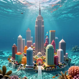 New York as an underwater city, under water, sea floor, bright, colorful, architecture, 4k, 8k hyperrealistic